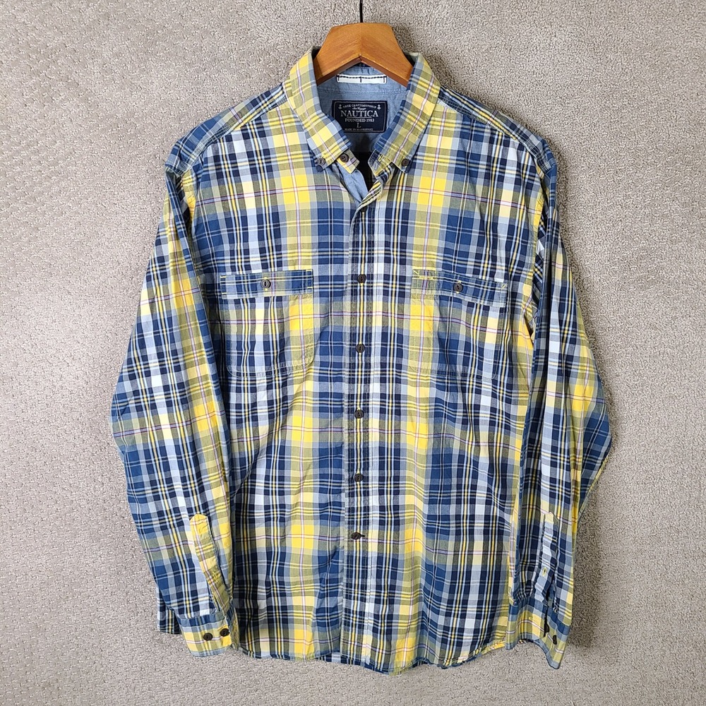 Nautica Shirt Mens Large Blue Yellow Plaid Button Down Long Sleeve Cotton Casual
